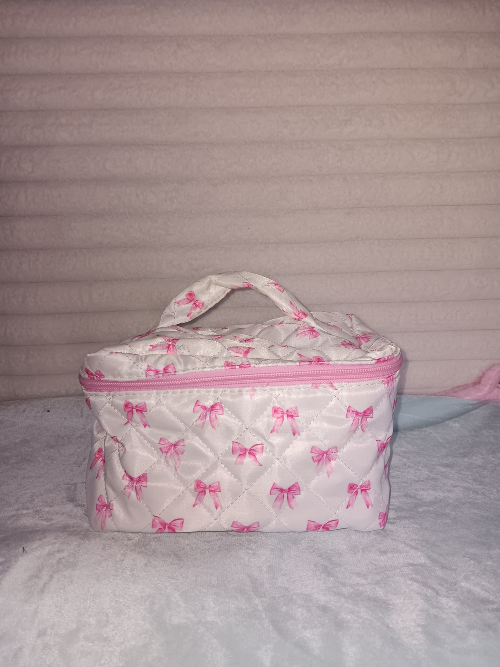 White & Pink Quilted Cosmetic Bag with Bows